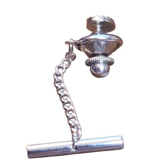 Vintage Oval Silver-Tone Tie Tack Chain Bar & Clutch Starburst like cuts edges - Picture 3 of 5